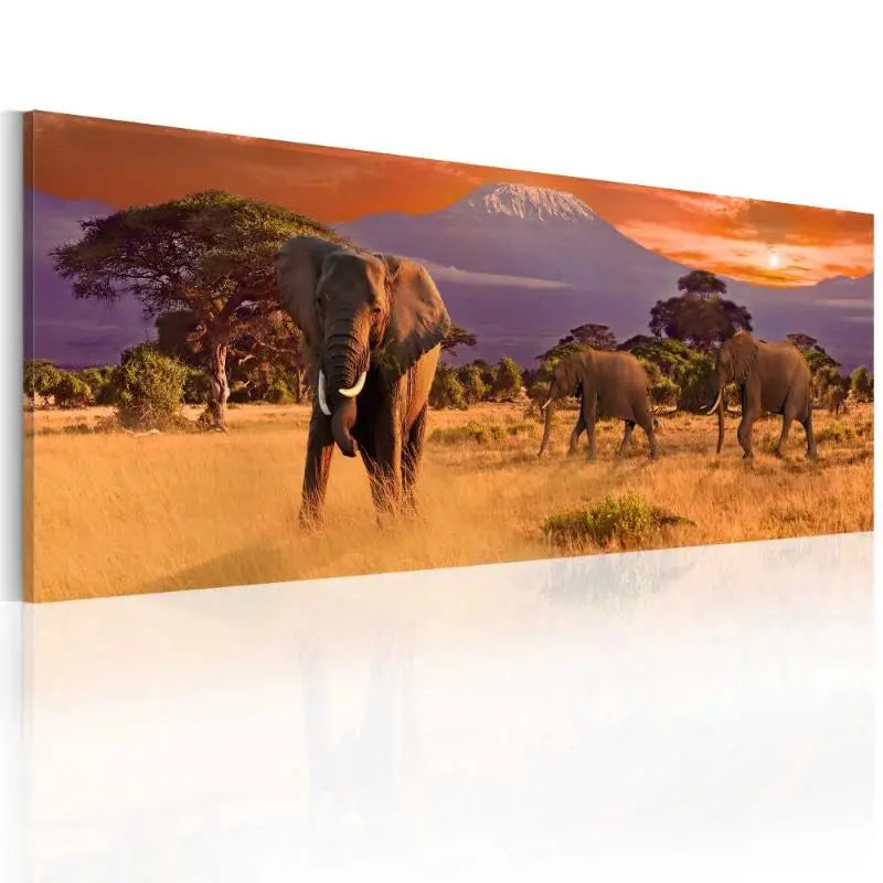 Tableau Africain - Troupeau Éléphants Ethnique déco