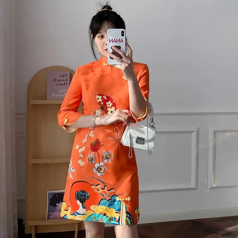 Robe Chinoise - Qipao Elégance Orangée  Ethnique déco