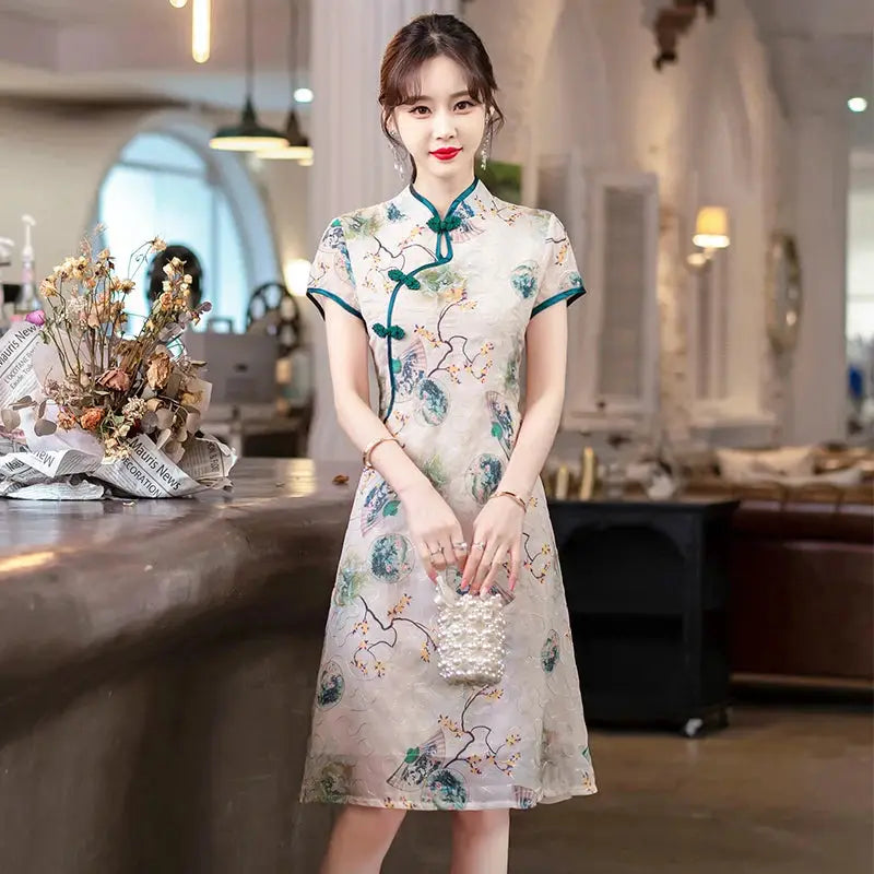 Robe Chinoise - Qipao Eventail  Ethnique déco