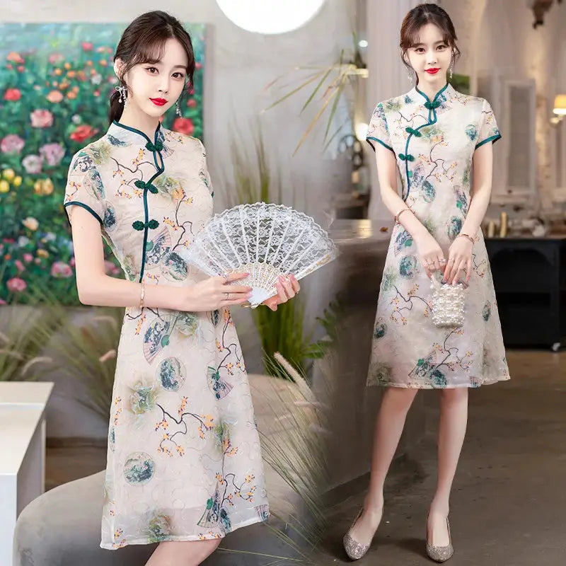 Robe Chinoise - Qipao Eventail  Ethnique déco