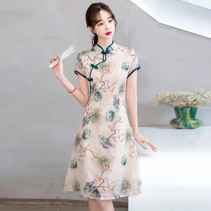 Robe Chinoise - Qipao Eventail  Ethnique déco