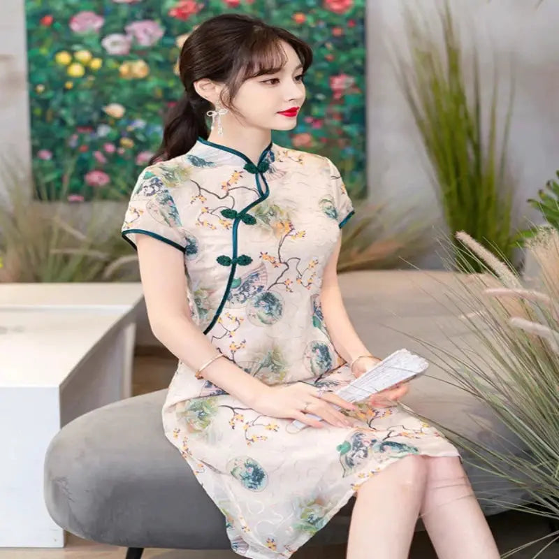 Robe Chinoise - Qipao Eventail  Ethnique déco