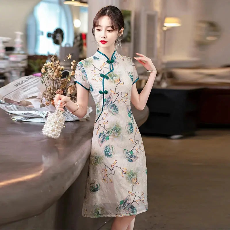 Robe Chinoise - Qipao Eventail  Ethnique déco