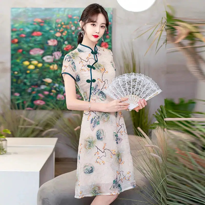 Robe Chinoise - Qipao Eventail  Ethnique déco