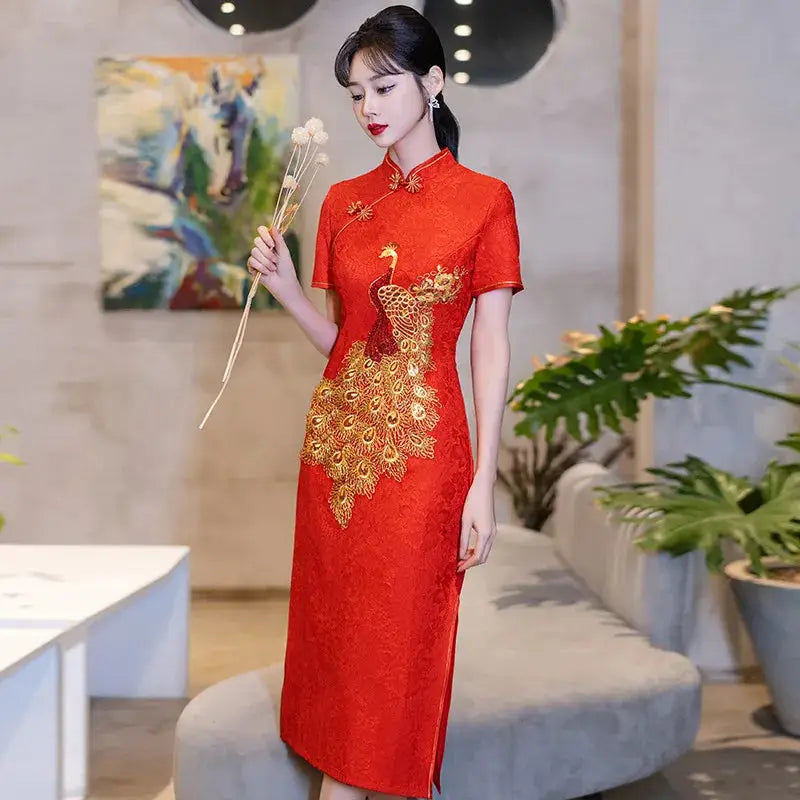 Robe Chinoise - Qipao Paon Doré  Ethnique déco