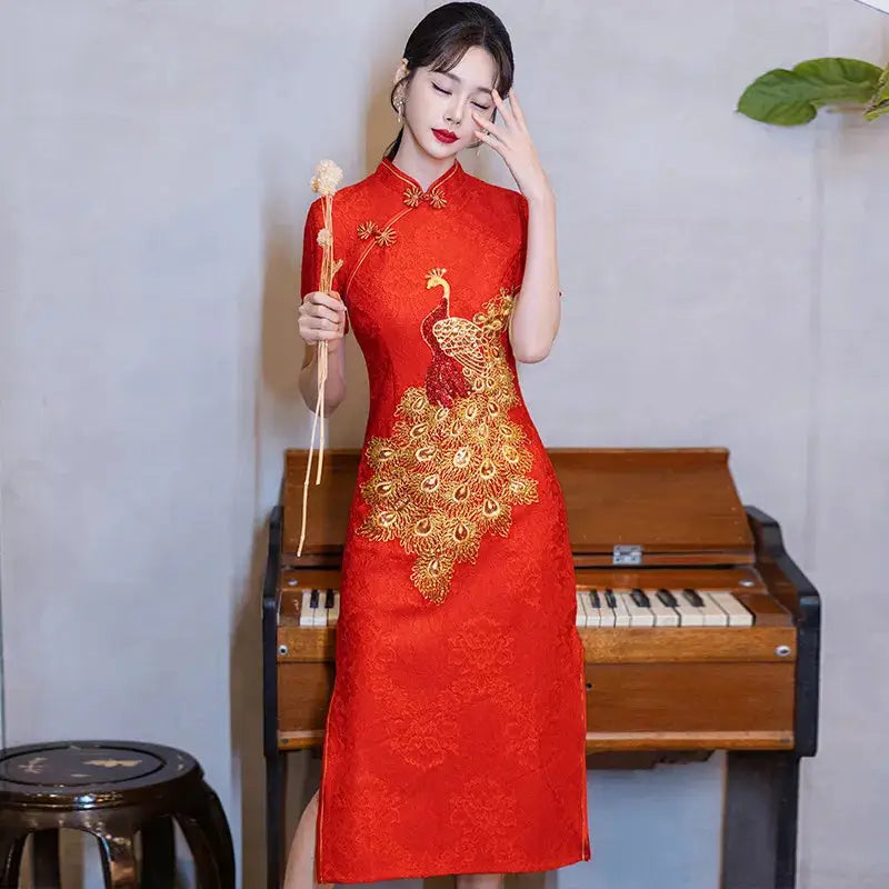 Robe Chinoise - Qipao Paon Doré  Ethnique déco