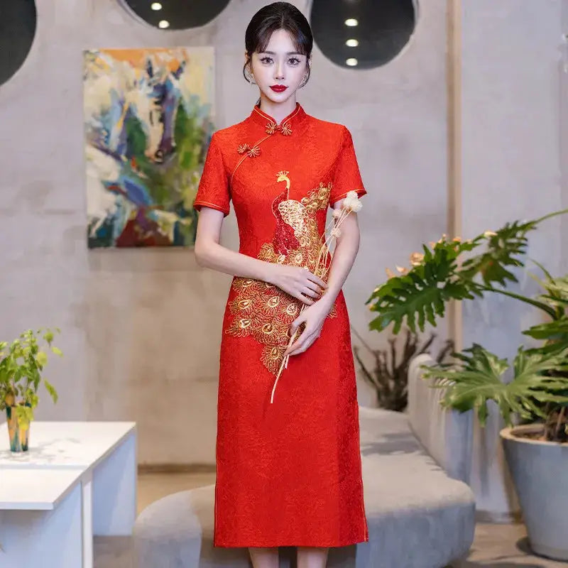Robe Chinoise - Qipao Paon Doré  Ethnique déco