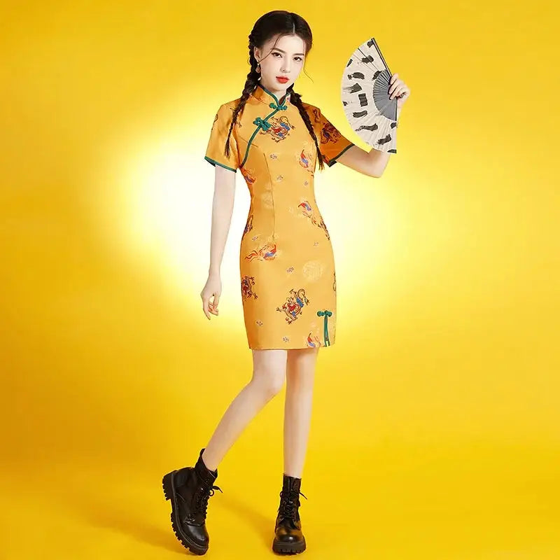 Robe Chinoise - Qipao Vert Jaune  Ethnique déco