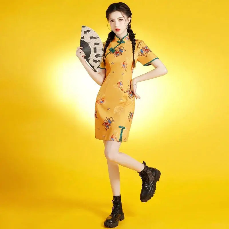 Robe Chinoise - Qipao Vert Jaune  Ethnique déco