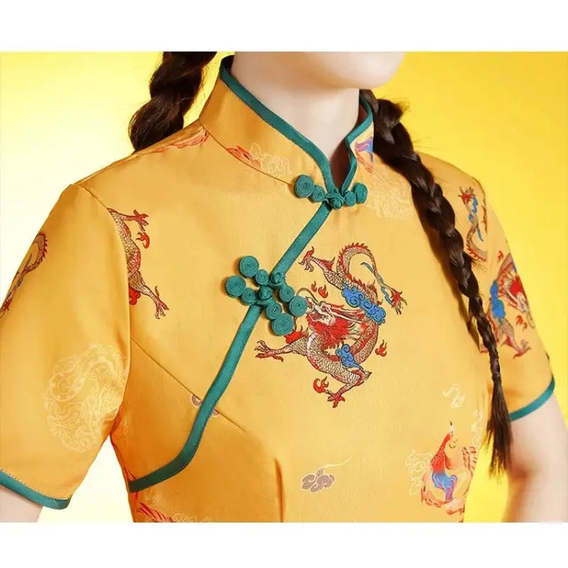 Robe Chinoise - Qipao Vert Jaune  Ethnique déco