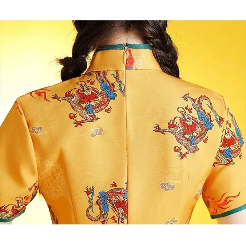 Robe Chinoise - Qipao Vert Jaune  Ethnique déco